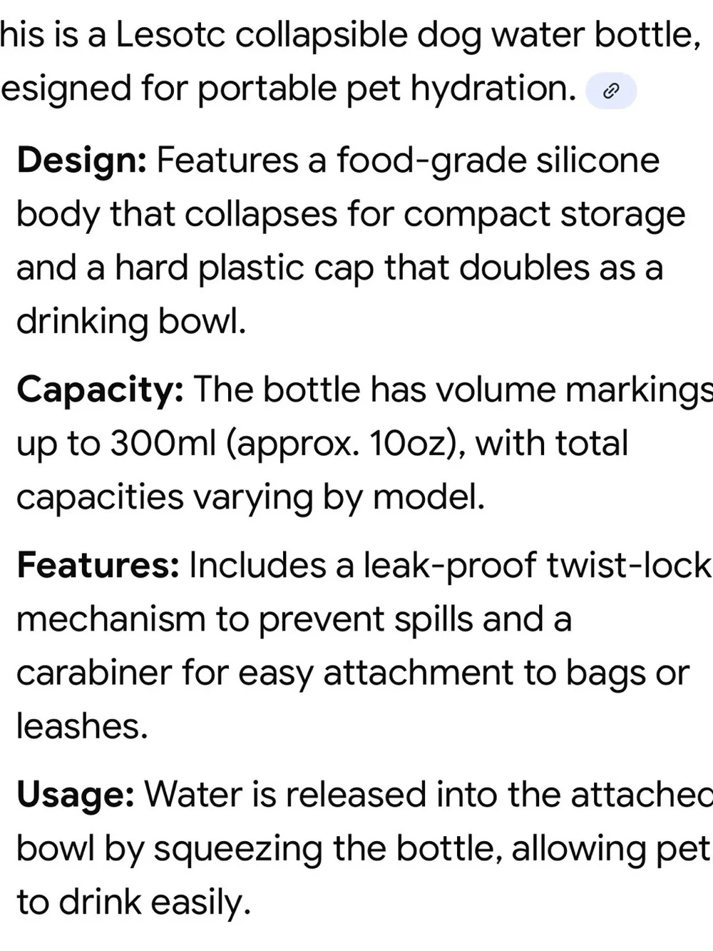 NEW Lesotc collapsible dog water bottle for travel / walks 10 ozs